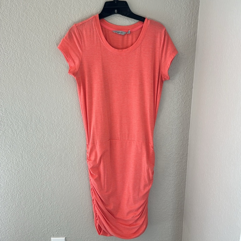 Athleta Orange Pink Ruched Bodycon Midi Dress